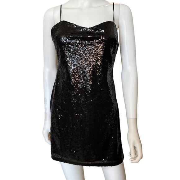 New ~ OPEN EDIT ~ Women's Black Sequin Slip Mini Dress Size S - Picture 2 of 10